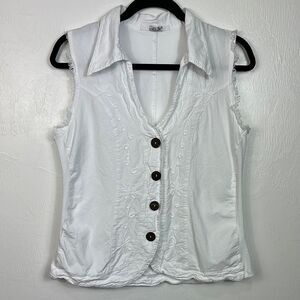 Giocam White Cotton Sleeveless Embroidered Button-Up Top Size L